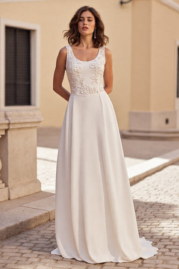 Ivory A Line Long Scoop Neck Wedding Dress